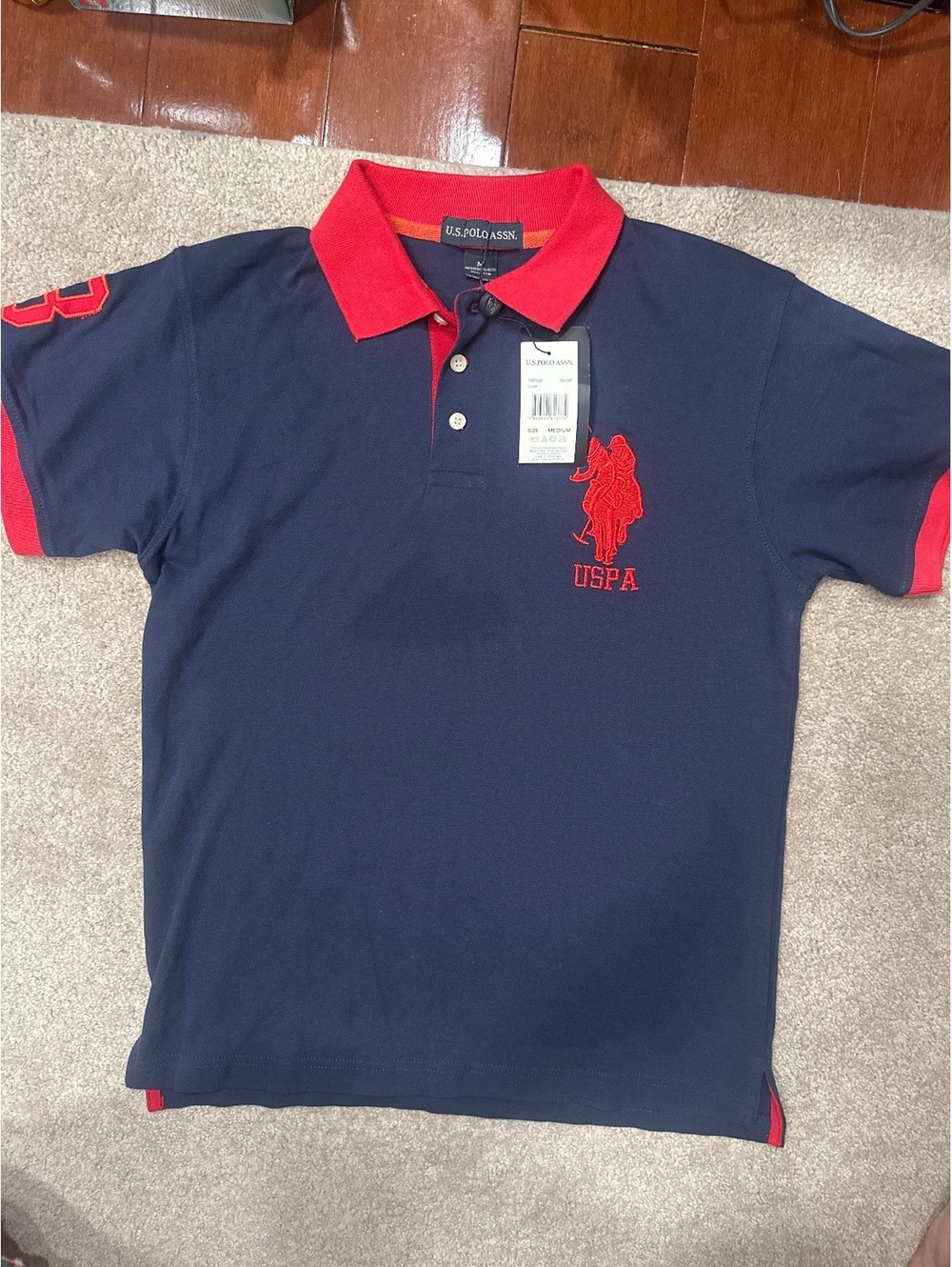 (6)U.S. Polo Assn. Men's Navy Blue and Red Polo Shirt Medium